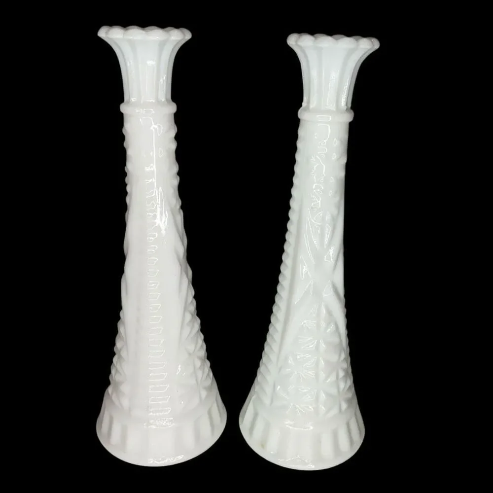 Vintage Set of 2 Two Vases Anchor Hocking Milk Glass Bud Vase -Stars and Bars 9”